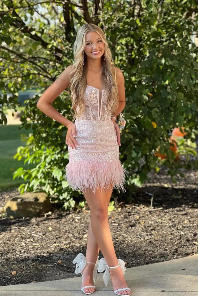 Cute V Neck Pink Lace Prom Dress with Feather Short Pink Lace Homecoming Dress Pink Formal Evening Dress nv1565