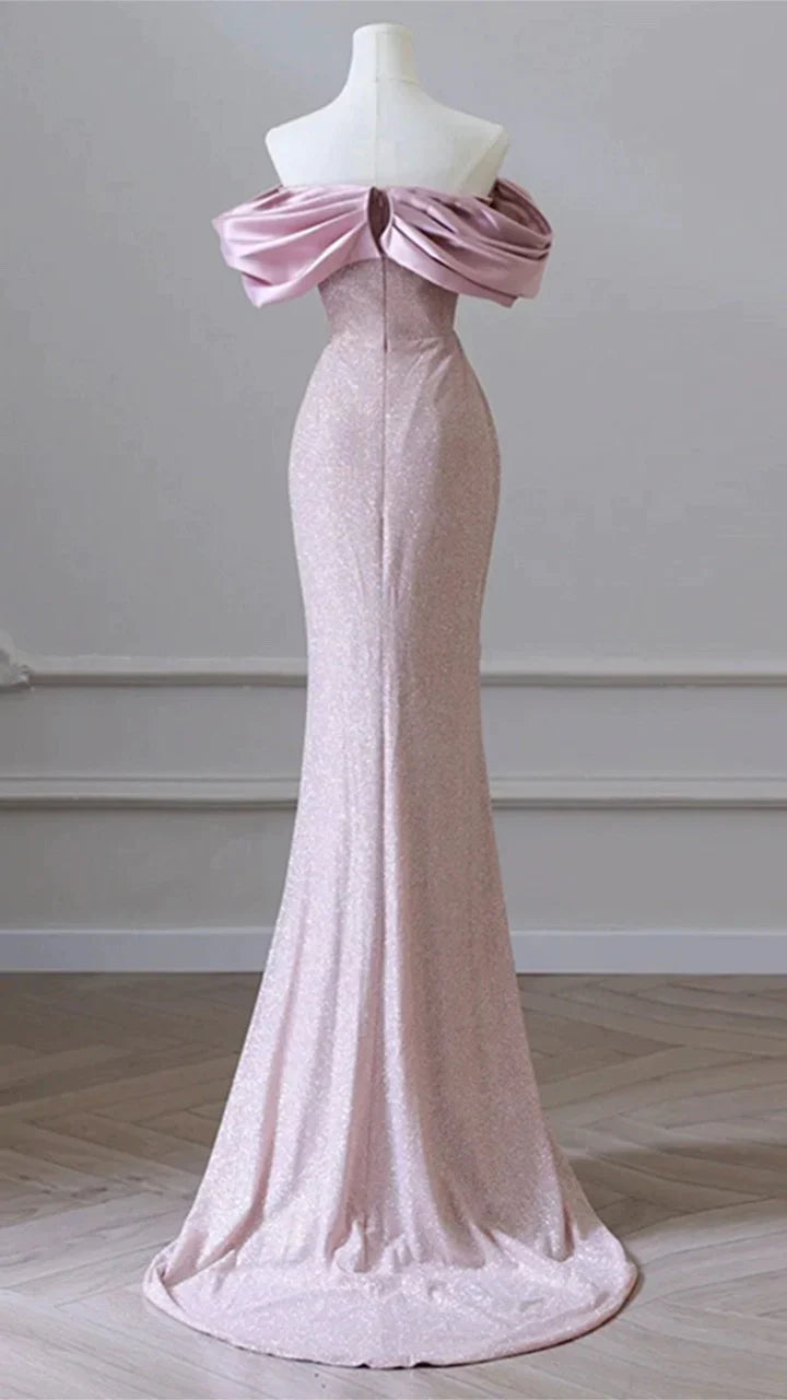 Pink Simple Mermaid Off-shoulder Sequined Long Ball Gown Evening Dress nv1918