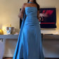 Blue Strapless Pleated A-Line Satin Long Ball Gown Party Dress Evening Gown nv2337