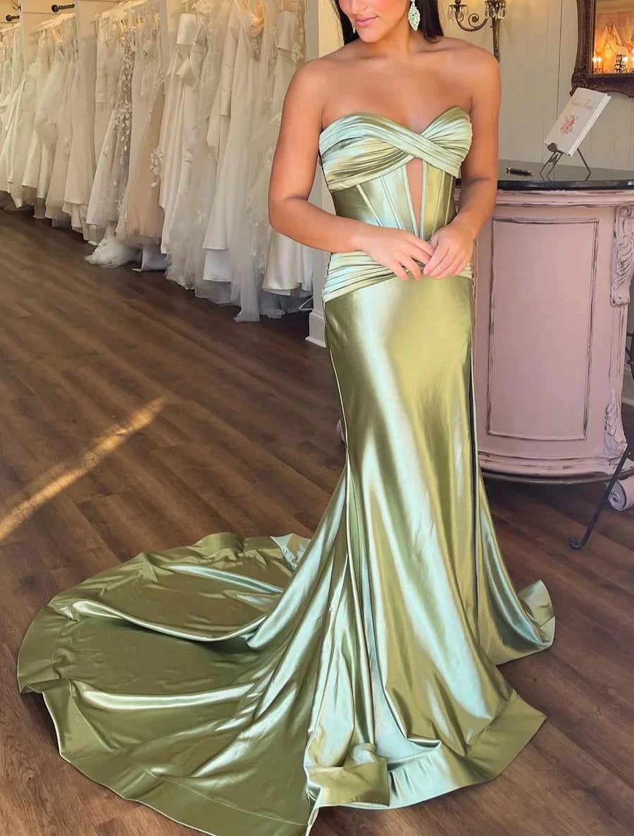 Green off the shoulder satin long high slit formal party dress evening gown prom dress nv2099