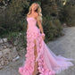 Pink Gorgeous Elegant Off-the-shoulder Exquisite 3D Flowers Tulle Slit Long Mermaid Ball Gown Evening Dress nv3600