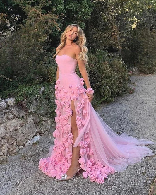 Pink Gorgeous Elegant Off-the-shoulder Exquisite 3D Flowers Tulle Slit Long Mermaid Ball Gown Evening Dress nv3600