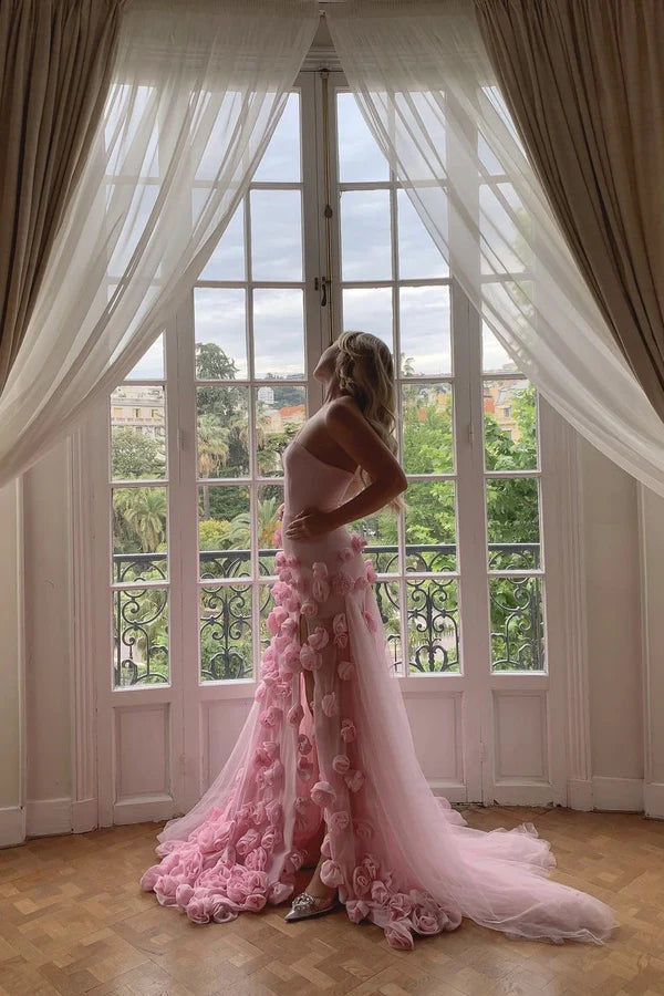 Pink Gorgeous Elegant Off-the-shoulder Exquisite 3D Flowers Tulle Slit Long Mermaid Ball Gown Evening Dress nv3600