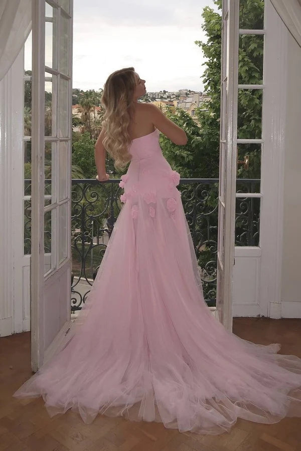 Pink Gorgeous Elegant Off-the-shoulder Exquisite 3D Flowers Tulle Slit Long Mermaid Ball Gown Evening Dress nv3600