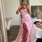 Pink Gorgeous Elegant Off-the-shoulder Exquisite 3D Flowers Tulle Slit Long Mermaid Ball Gown Evening Dress nv3600