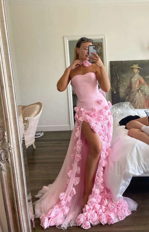 Pink Gorgeous Elegant Off-the-shoulder Exquisite 3D Flowers Tulle Slit Long Mermaid Ball Gown Evening Dress nv3600