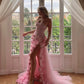 Pink Gorgeous Elegant Off-the-shoulder Exquisite 3D Flowers Tulle Slit Long Mermaid Ball Gown Evening Dress nv3600