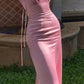 Pink V Neck Satin Long Ball Gown Wedding Guest Dress Evening Gown nv1879