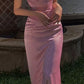 Pink V Neck Satin Long Ball Gown Wedding Guest Dress Evening Gown nv1879