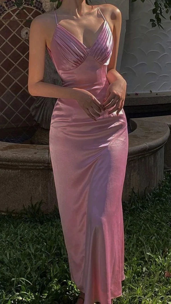 Pink V Neck Satin Long Ball Gown Wedding Guest Dress Evening Gown nv1879