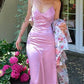 Pink V Neck Satin Long Ball Gown Wedding Guest Dress Evening Gown nv1879