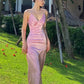 Pink V Neck Satin Long Ball Gown Wedding Guest Dress Evening Gown nv1879