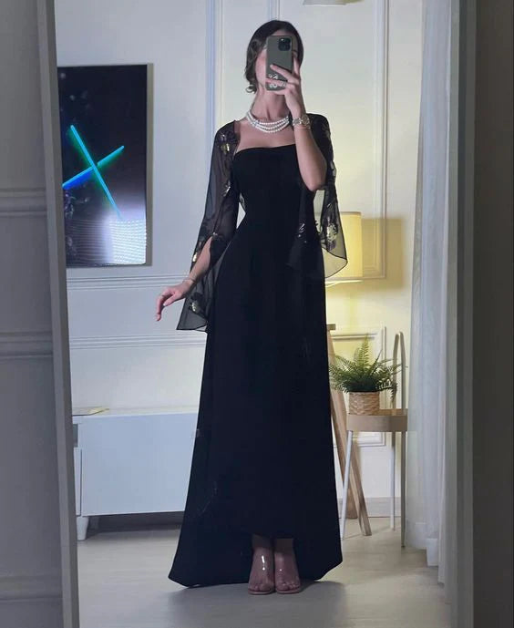 Unique black off-the-shoulder detachable sleeves long ball gown evening dress nv1922