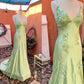 Sage Green Vintage V Neck Beaded Long Party Dress Evening Gown Prom Dress nv2045