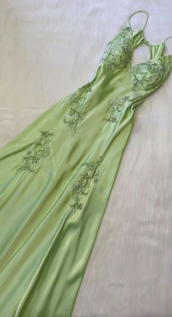 Robe de soirée élégante en satin vert vintage à col en V avec broderie exquise et longue robe de bal nv2045