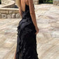 Black spaghetti strap ruffled mermaid long party dress wedding guest dress prom dress evening dress nv1952