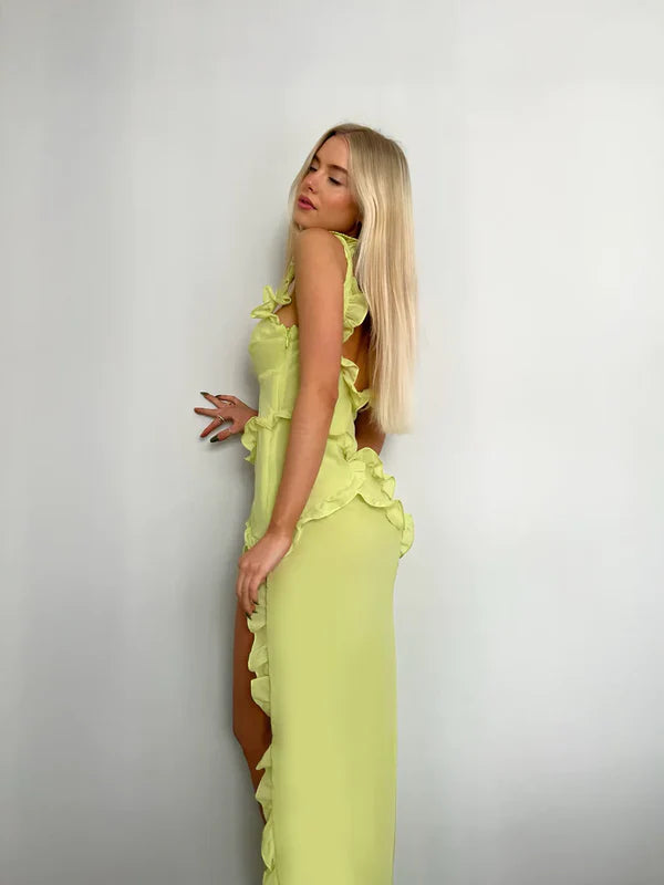 Green shoulder strap ruffled long slit party dress evening gown ball gown nv1863