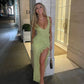 Green shoulder strap ruffled long slit party dress evening gown ball gown nv1863