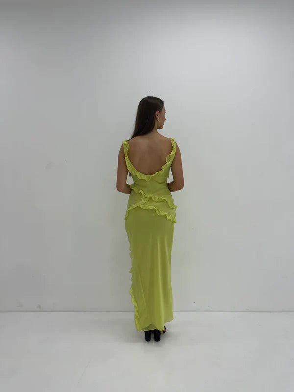 Green shoulder strap ruffled long slit party dress evening gown ball gown nv1863