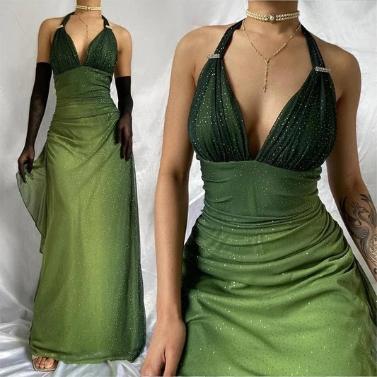 Green V-neck halter neck shiny vintage long ball gown evening dress nv1924