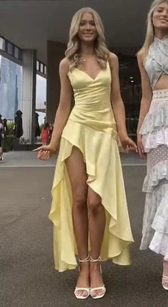 Yellow spaghetti strap ruffle irregular hem long ball gown evening dress party dress nv2310