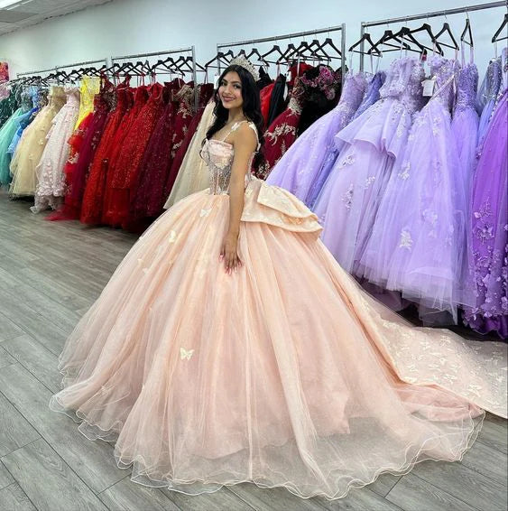 pink butterfly tulle beaded quince RA dress evening ball gown nv2685