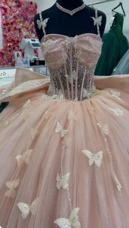 pink butterfly tulle beaded quince RA dress evening ball gown nv2685