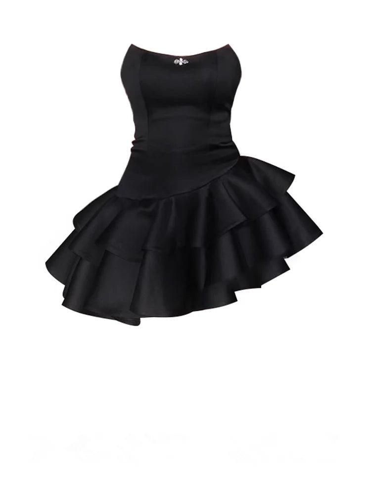 Black ladies new fashion sweet irregular ruffled puffy short dress NVwd2