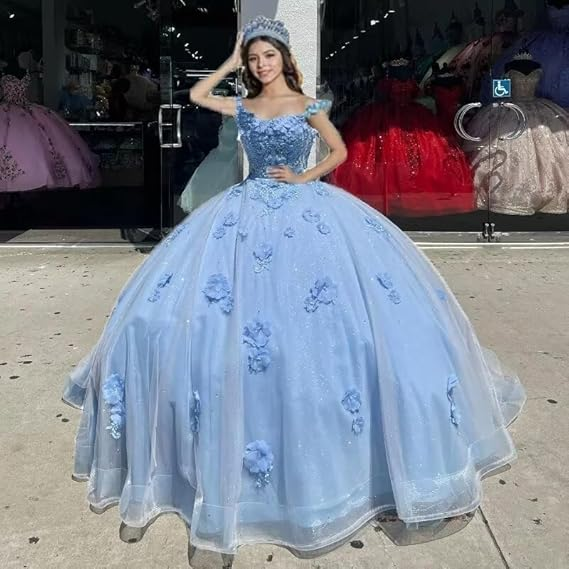 Blue gorgeous sweet off-the-shoulder exquisite floral applique long tulle ball gown evening gown dress nv3434