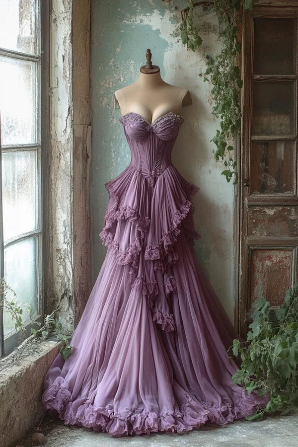 Purple Vintage Elegant A-line Sweetheart Neck Exquisite Beaded Long Tulle Ball Gown Evening Gown Wedding Dress nv3771