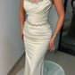 White Elegant Long Off Shoulder Satin Mermaid Sleeveless Ball Gown Evening Dress with Rhinestones nv1911