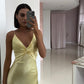 Lemon Yellow Extraordinary Charm Satin Halter Long Dress Spaghetti Straps Elegant Evening Dress Ball nv1667