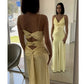 Lemon Yellow Extraordinary Charm Satin Halter Long Dress Spaghetti Straps Elegant Evening Dress Ball nv1667