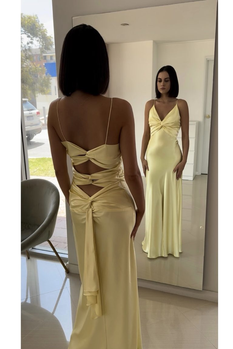 Lemon Yellow Extraordinary Charm Satin Halter Long Dress Spaghetti Straps Elegant Evening Dress Ball nv1667