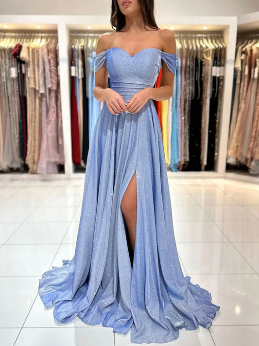 A-Line Sweetheart Neck Off Shoulder Blue Long Prom Dress, Blue Formal Evening Dress nv1524