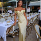 Light Yellow Simple Elegant Off-the-shoulder Long Mermaid Slim Fit Satin Ball Gown Evening Dress Party Dress nv3461