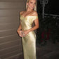 Light Yellow Simple Elegant Off-the-shoulder Long Mermaid Slim Fit Satin Ball Gown Evening Dress Party Dress nv3461