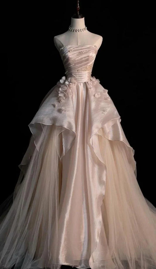 Wunderschönes, exquisites A-Linien-Ballkleid mit schulterfreien Ärmeln und Perlenbesatz in Rosa, Abendkleid, Hochzeitskleid nv3591