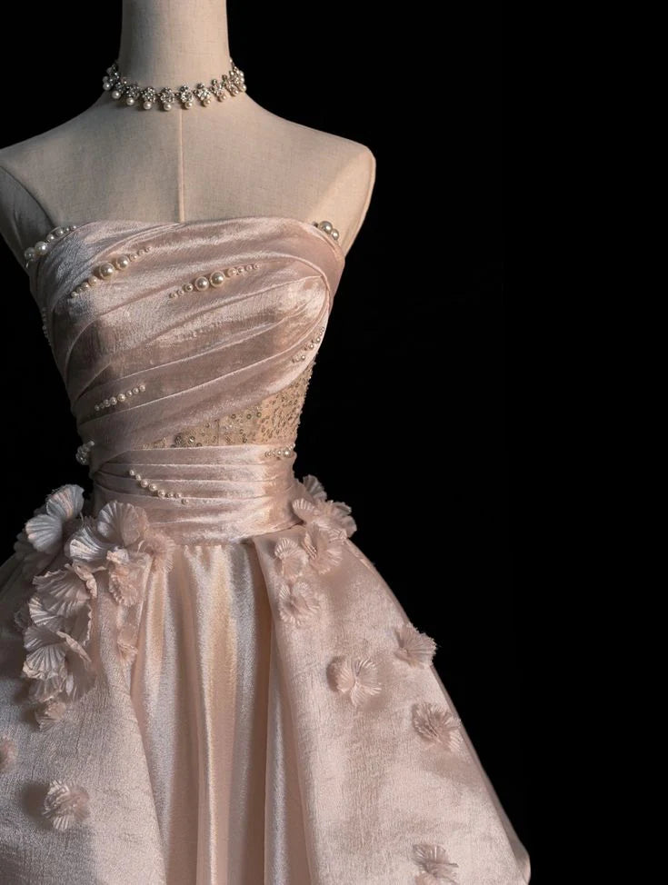 Wunderschönes, exquisites A-Linien-Ballkleid mit schulterfreien Ärmeln und Perlenbesatz in Rosa, Abendkleid, Hochzeitskleid nv3591