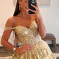 Gold A-Line Tulle Gold Sequin Long Prom Dress, Gold Long Evening Dress nv1497