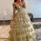 Gold A-Line Tulle Gold Sequin Long Prom Dress, Gold Long Evening Dress nv1497