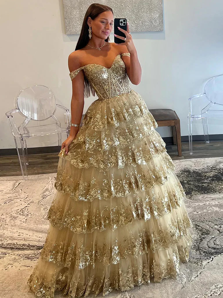 Gold A-Line Tulle Gold Sequin Long Prom Dress, Gold Long Evening Dress nv1497