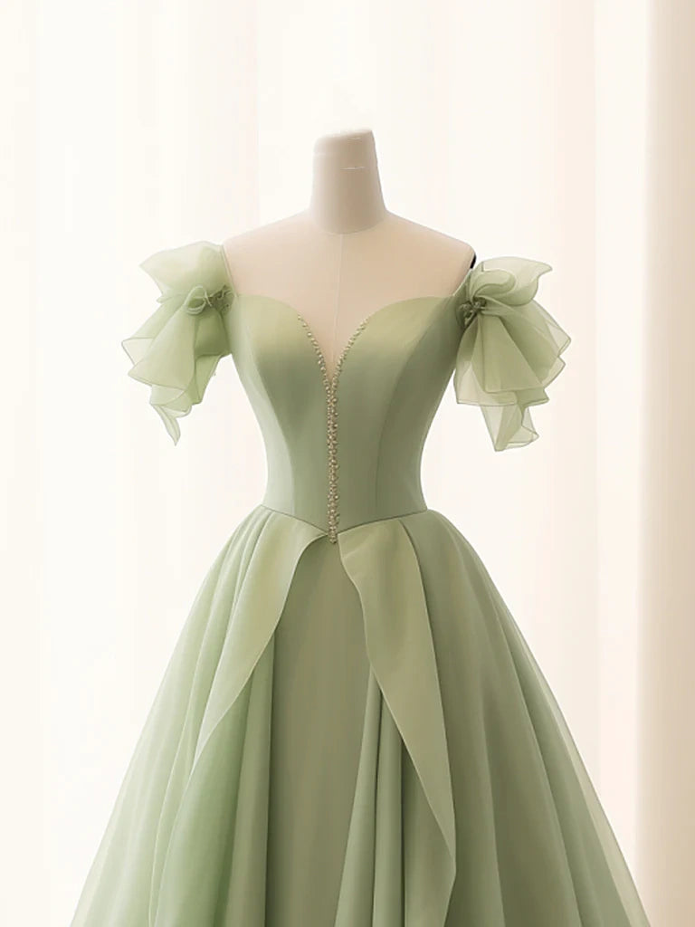 Green A-line Tulle Long Ball Gown Evening Dress nv2012