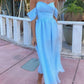 Sky Blue Chiffon A-Line Off Shoulder Midi Homecoming Dress Party Gown nv2235