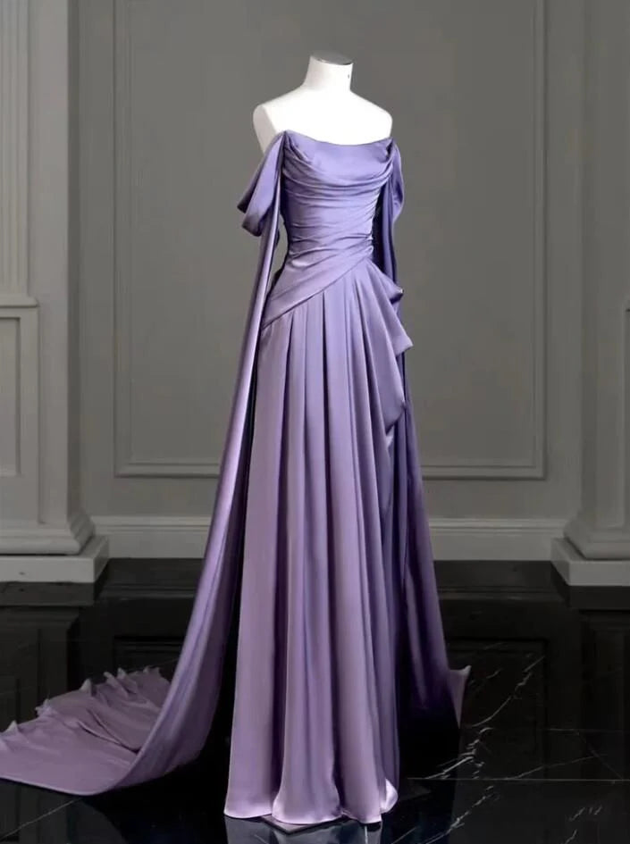 Elegant A Line Purple Satin Long Prom Dresses Formal Party Gown nv1644