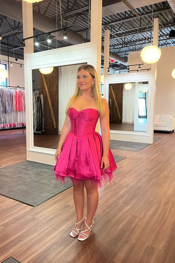 Fuchsia A-Linien-Abendkleid mit Herzausschnitt, kurzes Partykleid, nv2143