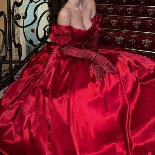 Beautiful elegant red off shoulder long satin A-line prom dress evening gown Christmas holiday party dress nv3066