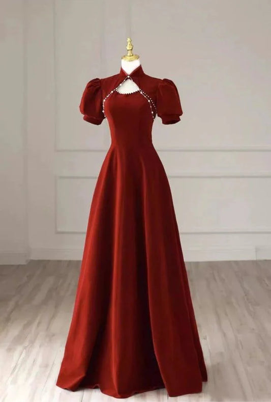 New red ladies long beaded high-end ball gown evening dress Chinese cheongsam nv1818