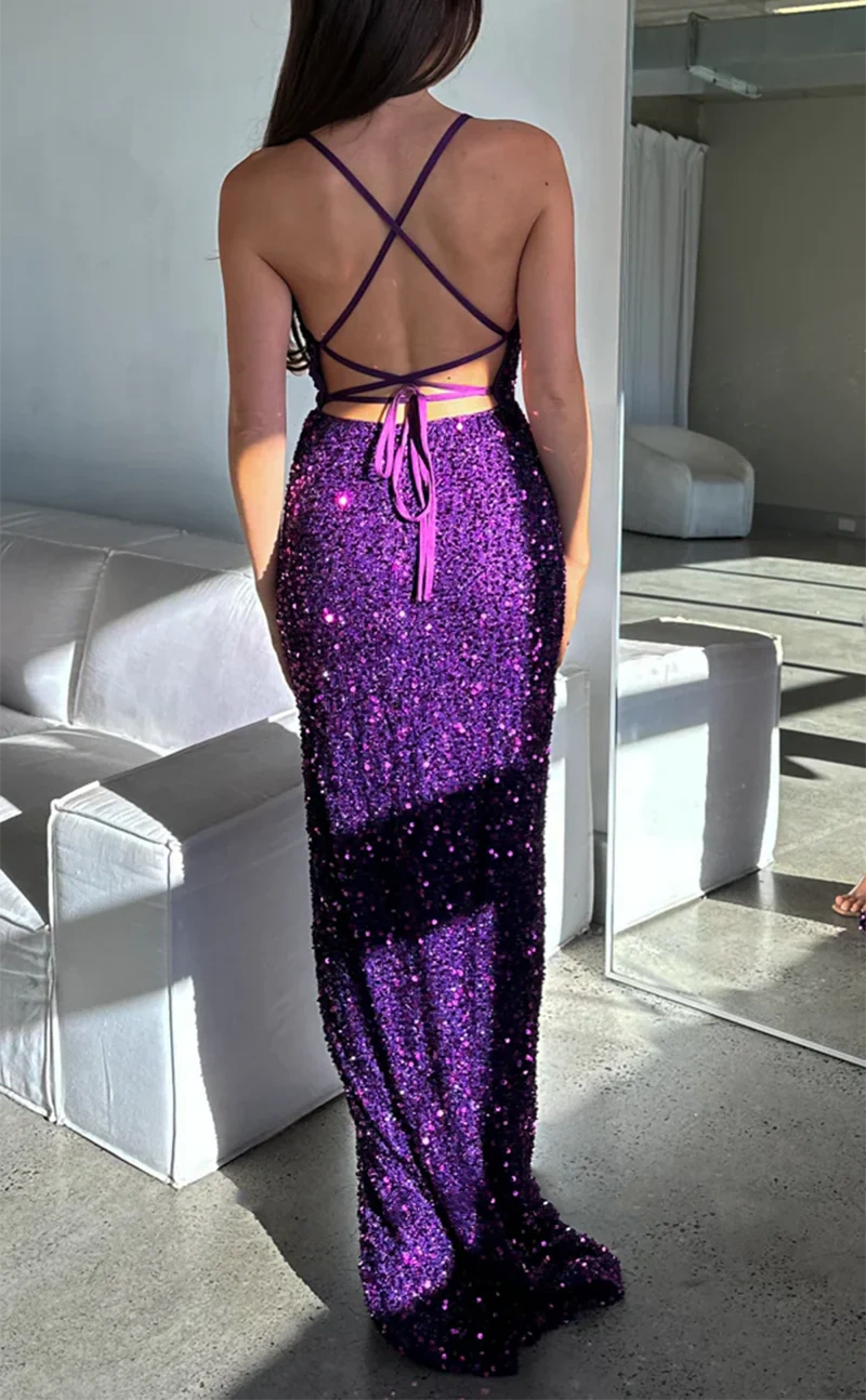 Purple Sequin Bodycon Sexy Square Spaghetti Straps Side Slits Long Party Dress Prom Gown Evening Gown nv2433