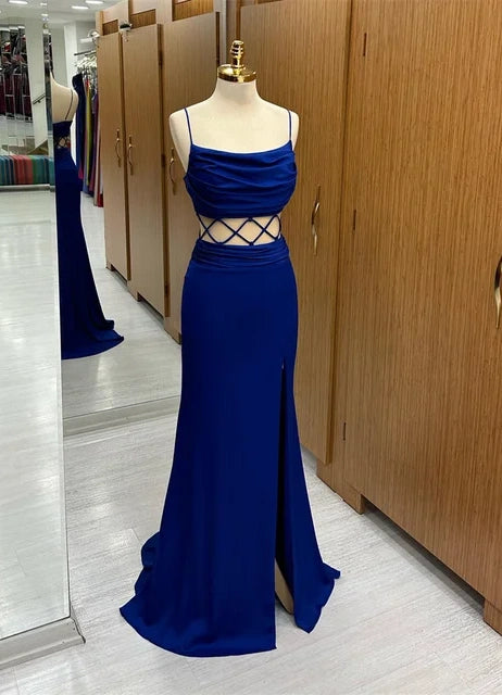 Spaghetti Strap Chic Woman Evening Dresses Gown Royal Blue Ball Gown Stain Side Split Night Dresses Gown robes de soirée nv1645